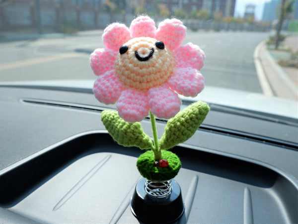 Crochet Car Dashboard Accessories- Pink Smiley Sunflower