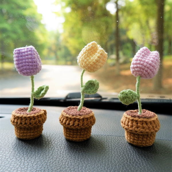 3pcs/2Pcs Mini Tulip Car Accessories, Crochet Pink/Purple/Yellow Tulip Car Dashboard Decor, Boho Mini Potted Plant Car Interior Accessory
