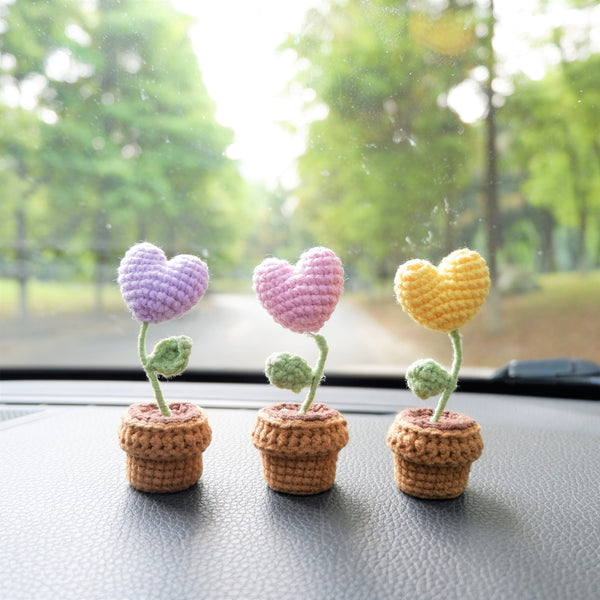 3pcs/2Pcs Mini Hearts Flower Car Accessories, Crochet Pastel Hearts Car Dashboard Decor, Boho Mini Potted Plant Car Interior Accessory
