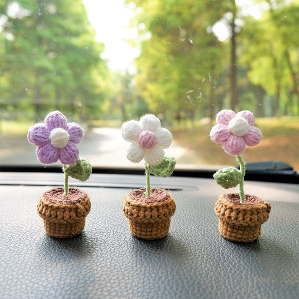 3pcs/2Pcs Mini Daisy Flower Car Accessories, Crochet Fluffy Flower Car Dashboard Decor, Boho Mini Potted Plant Car Interior Accessory