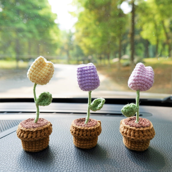 3pcs/2Pcs Mini Tulip Car Accessories, Crochet Pink/Purple/Yellow Tulip Car Dashboard Decor, Boho Mini Potted Plant Car Interior Accessory