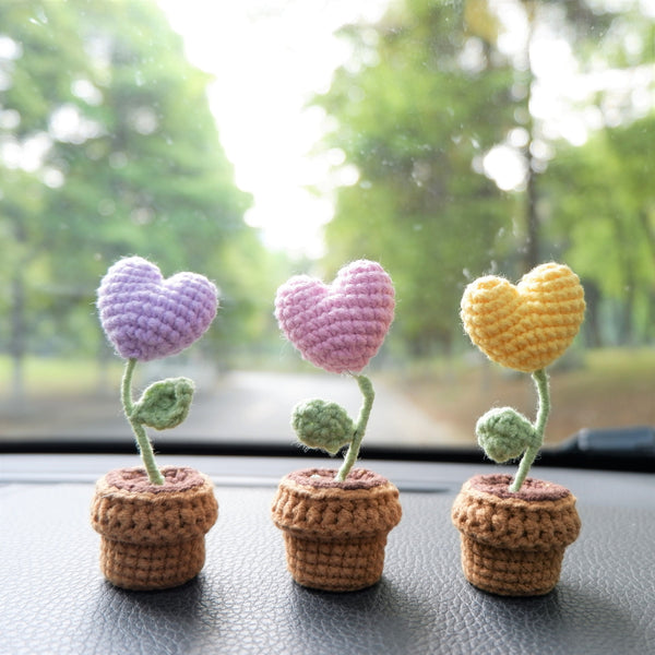3pcs/2Pcs Mini Hearts Flower Car Accessories, Crochet Pastel Hearts Car Dashboard Decor, Boho Mini Potted Plant Car Interior Accessory