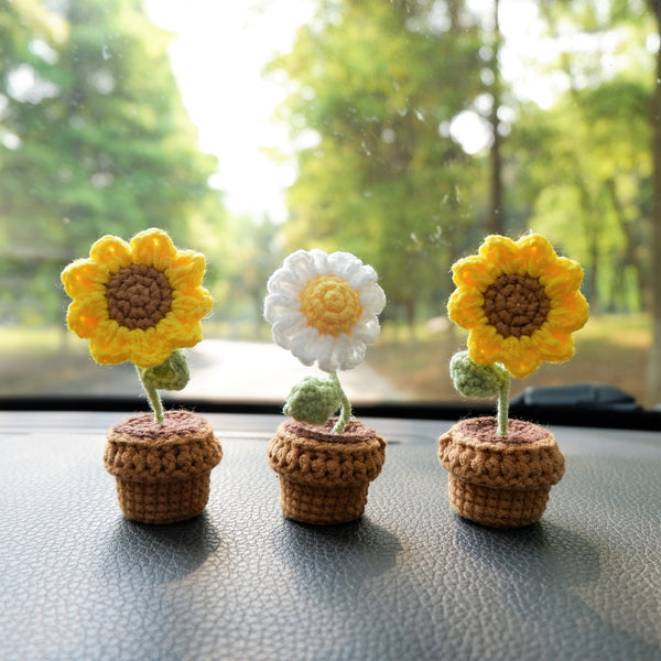 3pcs/2Pcs Mini Sunflower/Daisy Flower Car Accessories, Cute Crochet Mini Potted Plant Car Dashboard Decor, Boho Car Interior Accessory