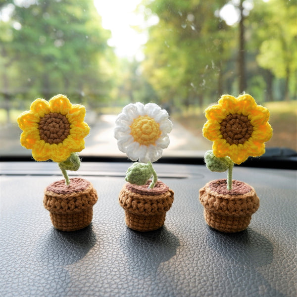 3pcs/2Pcs Mini Sunflower/Daisy Flower Car Accessories, Cute Crochet Mini Potted Plant Car Dashboard Decor, Boho Car Interior Accessory